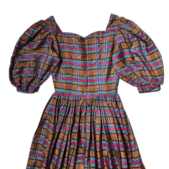 70s vintage plaid puff sleeve dress cottage victorian sweetheart Maxi acetate. - Picture 7 of 9